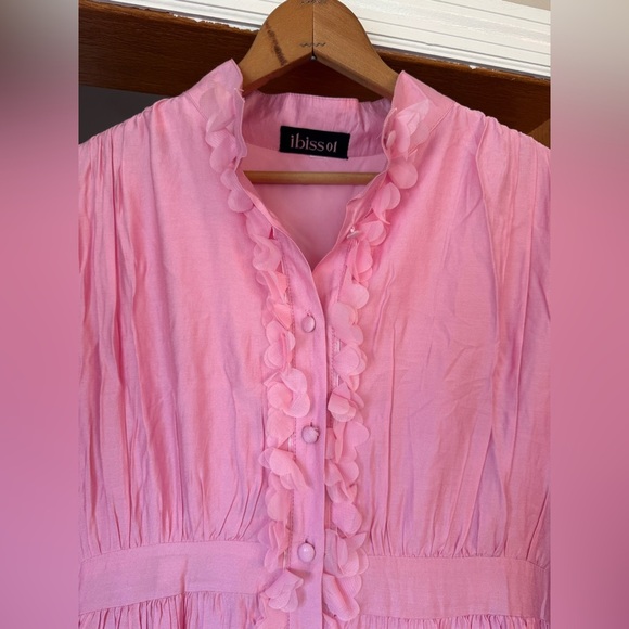 Ibiss01 NWT Tiered Pink Button Up Heart Trim Maxi Dress Long Sleeves - Picture 3 of 9